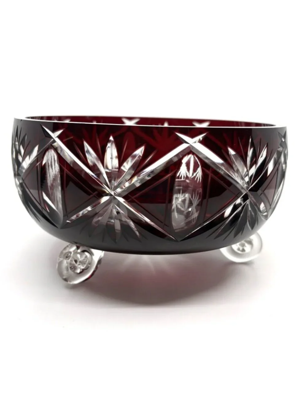 Vintage Bohemian Czech Ruby Cut to Clear Crystal Footed Centerpiece Bowl 8.5